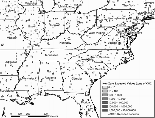 Figure 11. Expected values produced by the Monte Carlo simulation for the eastern USA from 2009 eGRID data of electric power generation in the USA on a 0.1 × 0.1 degree grid.