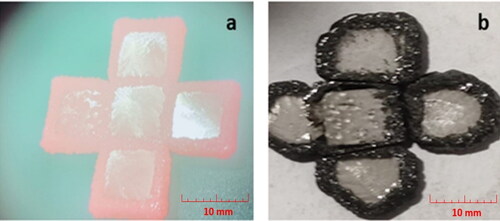 Figure 6. Reported growth of single crystal diamond seeds after (a) 130 h (b) 9 mm× 9 mm × 1.85 mm cubes grown in 171 h process cycle using welding method.
