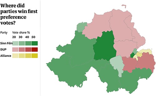 Figure 2. Northern Ireland Assembly Election, 2022. Map of first preference votes.Footnote10