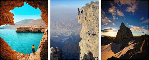 Figure 4. (4a, left) Rumpa Mitra (@rumpamitra) gazes out upon the coastline of Oman. (4b, middle) Qasim Al Naabi (@qasim_.s) looks down from the top of Jebel Aswad, Oman. (4c, right) Jimmy Chin's (@jimmychin) Instagram post in British Columbia.