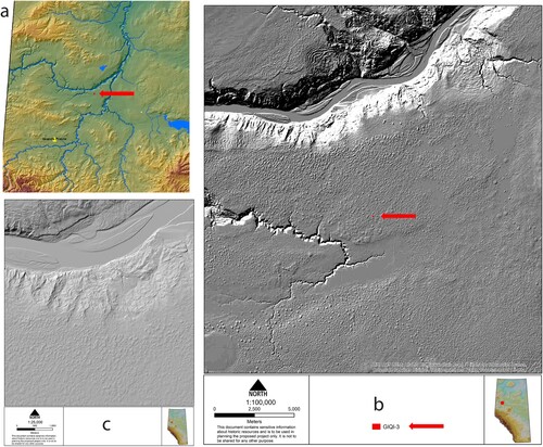 Figure 1 (a) Location of GlQl-3 in the forks of the Peace and Smoky Rivers, to the northwest of Grande Prairie; (b) LiDAR imagery of the undulating terrain within which GlQl-3 is situated; (c) higher resolution LiDAR imagery of the same terrain immediately to the north of GlQl-3, near the Peace River. Maps and images courtesy of the Archaeological Survey of Alberta.