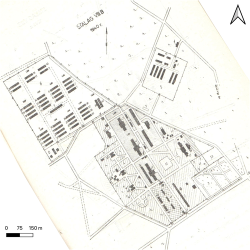 Figure 5. Plan of the camp based on memories of POWs of Stalag VIII B (344) Lamsdorf, documenting the infrastructure in 1940 (prepared by A. Lokś; collection of the Central Museum of Prisoners-of-War).