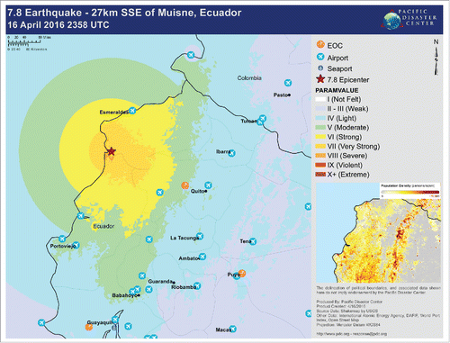 Figure 2. Pacific Disaster Center Map of Ground Shaking Intensity 16 April 2016 Ecuador Earthquake. © Pacific Disaster Center. Reproduced by permission of Pacific Disaster Center. Permission to reuse must be obtained from the rightsholder.
