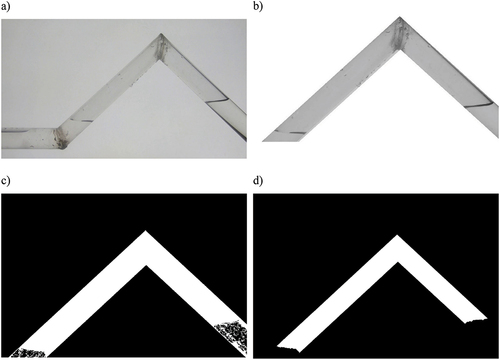 Figure 3. Image treatment example of air pocket volume for configuration C1 and d = 3.0 mm: (a) Original image, (b) Cropped image, (c) Image after edge detection and binarized and (d) Smoothed out image to reduce image noise.