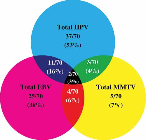 Figure 2. Venn Diagram depicting single and multiple infections with HPV, EBV, and/or MMTV-like virus in Croatian triple-negative breast cancer (TNBC) samples (n = 70).
