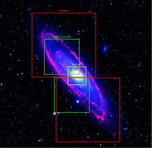 Figure 2. Footprints of high-cadence microlensing surveys – the POINT-AGAPE (green squares), WeCAPP (yellow square), and POMME (red squares) survey. .