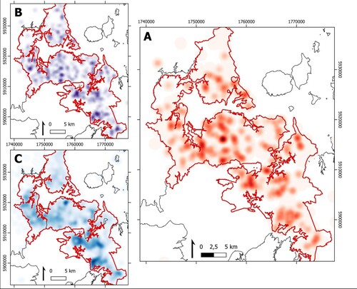 Figure 2. Kernel density maps of the advertising score (A), school Equity Index (B), and Index of Multiple Deprivation (C) in central Auckland. Base Map: Statistics NZ (Citation2017, Citation2021b).