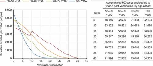 Figure 2. HZ cases avoided with RZV vaccination per one million people over the respective age cohorts’ lifetime, compared with no vaccination, in the mass vaccination setting (base case). HZ: herpes zoster; RZV: recombinant zoster vaccine; YOA: years of age. Step increases over time (particularly pronounced in the 50–59 YOA cohort) are due to incidence being included as an age-specific step function