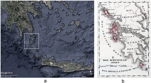 Fig 1 (a) A map showing the location of kythera island in Southern aegean. (b) The United States of Ionian Islands in a period map.