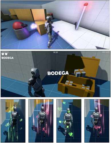 Figure 1. Screenshots from the game. (A) The general design of the labyrinths with the character, the destination area, and a robot firing a lightning ball. (B) The user interface and the moment the player receives an item. (C) The effects of the different items (i.e., speed-positive, speed-negative, healthiness-positive, healthiness-negative).
