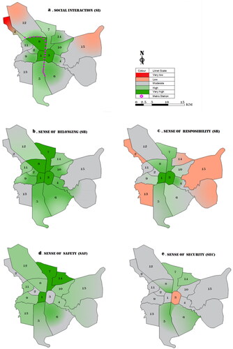 Figure 5. Which urban areas impact on the SI, SB, SR, SAF, and SEC* of Chaharbagh Abbasi Pedestrian Street and to what extent? Source: The map was adapted from the Municipality of Isfahan and modified by the authors. *Abbreviation: SI, social interaction; SB, sense of belonging; SR, sense of responsibility; SAF, sense of safety; SEC, sense of security.