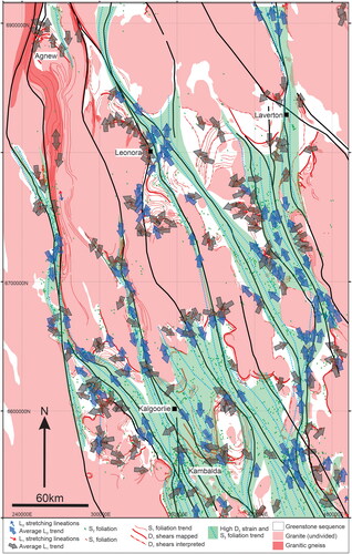 Figure 11. L1 and L2 lineation trends for the Eastern Goldfields. L1 lineations in this study represent stretching lineations measured on S1 and bedding surfaces, while L2 stretching lineations are observed on the steep S2 foliation and intersection lineations are excluded. L2 lineations typically trend north-northwest or south-southeast and are best developed in high-D2-strain zones adjacent to the major shears. In contrast, L1 lineations display more random trends and are not preserved in the high-D2-strain zones.