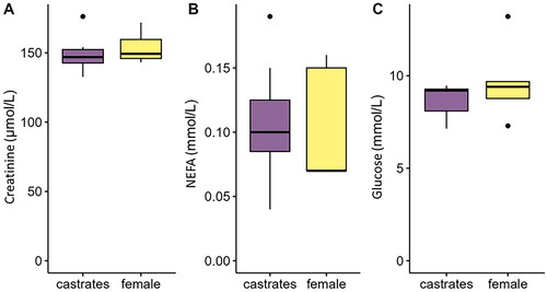 Figure 3. Serum concentration of (A) creatinine, (B) NEFA and (C) glucose measured in female and castrated finishing pigs. NEFA: non-esterified fatty acid.