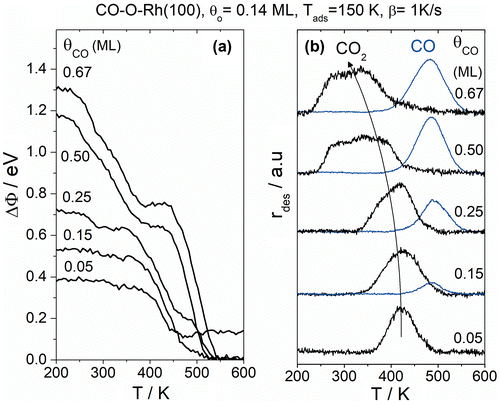 Figure 8. (a) Work function change during CO oxidation for different coverage of CO on 0.14 ML oxygen pre-covered surface. (b) CO and CO2 desorption spectra obtained after CO oxidation.