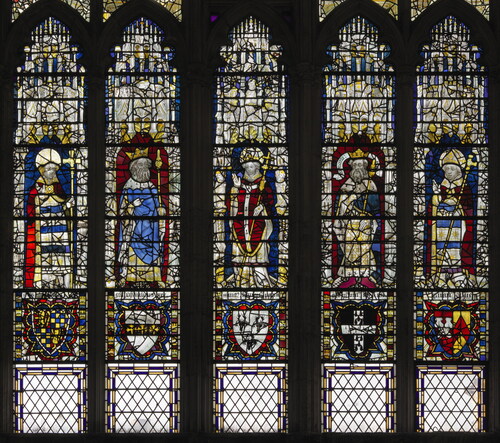 Fig. 8. York Minster north-west clerestory, NX. The arms of Roos impaling Stafford are represented in panel 1eThe York Glaziers Trust, reproduced courtesy of the Chapter of York
