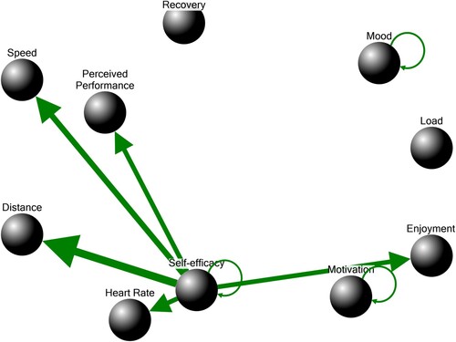 Figure 2. Network graph of Player 1.Note. The network remained stable across the season (i.e., no changes in effects). The green/solid edges represent positive effects and the thickness reflects the absolute value of the parameter estimate, that is, the magnitude of the effect (thicker edges display stronger effects and thinner edges display weaker effects). The self-loops show the autoregressive effects and the direct edges represent cross-lagged effects. We used NodeXL (https://nodexl.com/) with the Furchterman-Reingold layout to visualise the graphs.