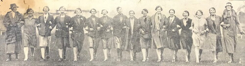 Figure 2. England’s 1927 Touring Team and Mary Fox (far left). Left to right: Mary Fox (England’s Australian manager), Marjorie Cussons, Phyllis Bryant, J. Ashdown, M. Pickard, Grace Haskett-Smith, N. Stacy, J. Warwick, F.I. Bryan (captain), C. Nye, V. Fowler, E. Macfie, Muriel Burman, J. Mason, H. Caruthers, and Edith Thompson (manager). Missing is goalkeeper Winifred Brown. Photographic image held as part of the ‘NSWWHA records, 1908–2009’ collection, State Library of NSW, box 63X.