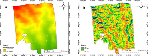 Figure 4. Digital elevation map (a) and slope map (b).