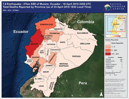 Figure 3. Pacific Disaster Center Map of Earthquake-related Mortality 16 April 2016 Ecuador Earthquake. © Pacific Disaster Center. Reproduced by permission of Pacific Disaster Center. Permission to reuse must be obtained from the rightsholder.