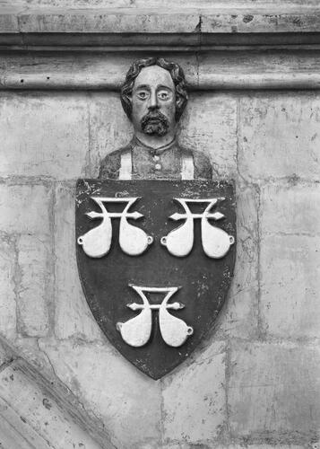 Fig. 10. York Minster, fourth bay of the south arcade of the Lady Chapel. The arms of Roos carved in stoneHistoric England Archive