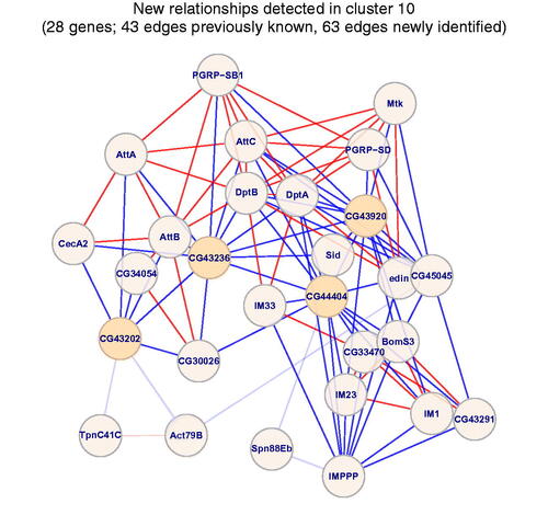 Figure 9. Network of genes formed from CG44404/IBIN, CG43236/Mtk-like, CG43202/BomT1, CG43920, and their neighbors. Two genes are connected by an edge if their Bayesian LLR2>0.9. Red and blue edges connect genes with known and unknown relationships, respectively. Darkened edges connect genes within cluster 10. Blue edges connect the four genes of interest with genes known to be regulated by the Imd signaling pathway, suggesting a possible role for them in fighting gram-negative infections.