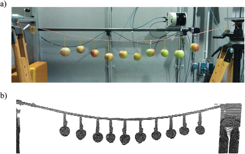 Figure 1. a) Experimental set-up for scanning apples in indoor conditions, b) Raw point cloud of scanned apples in indoor conditions.