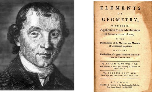 Figure 2. (left) Thomas Simpson (1710–1761) (right) Simpson’s Elements of Geometry, 1760.