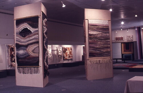 Fig 4 Installation view of Works in Thread: Works by Israeli Artists and Industrial Products at the Palevsky Pavilion, Design & Architecture Department, The Israel Museum, Jerusalem, 1975. Front: two tapestries by Ruth Kaiser. Photograph: Reuven Milon.