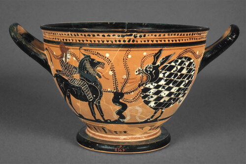 Figure 2. Drinking cup (skyphos) with a warrior riding a lion confronting a monster by The Theseus Painter, Greek, Late Archaic Period, 515–500 B.C. Accession Number 99.523 Collection of the Museum of Fine Arts Boston.