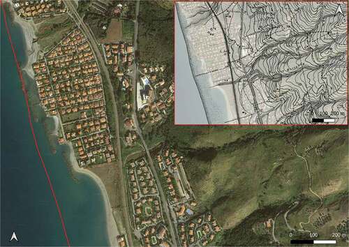 Figure 12. Bonifati. Large panel: shoreline of 1954 (red line) with background Google satellite image of October 2019. Small panel: overlap between 1954 CASMEZ cartography and Google satellite image of October 2019.