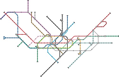 Figure 6. Octolinear London Underground map created by computer algorithms overseen by Martin Nöllenburg and Soeren Terziadis at TU Wien (Roberts, Citation2019b). Image and design © Martin Nöllenburg and Soeren Terziadis, all rights reserved, reproduced with permission.