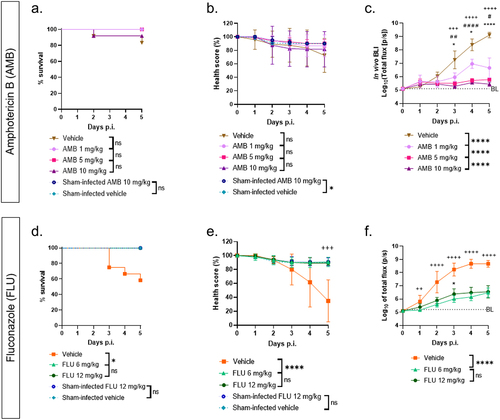 Figure 4. In vivo BLI outperforms survival and health score as a method for antifungal screening in G. mellonella.