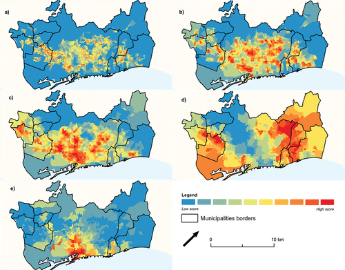 Figure 2. Built environment and socioeconomic characteristics of the study area: a) population density, b) contact opportunity, c) accessibility, d) urban vulnerability, e) concentration of tourist accommodations.