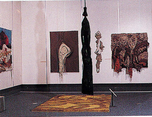 Fig 1 Installation view of Works in Thread: Works by Israeli Artists and Industrial Products at the Palevsky Pavilion, Design & Architecture Department, The Israel Museum, Jerusalem, 1975. Second left: Judith Bloch, Jerusalem #1 or #2; front: Tirtza Ozieli, Macramé in Black. Reproduced in Design and Architecture at the Israel Museum: Portrait of a Department, 1973–1997 (Jerusalem: The Israel Museum, 1999). Photo © The Israel Museum, Jerusalem.