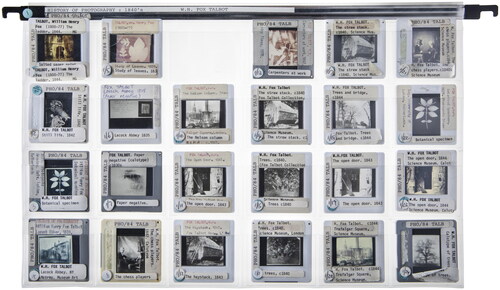 Figure 1. History of Photography slide sheet with 35mm slides, former University of Brighton slide library, collection of Annebella Pollen. Photograph by Richard Boll, 2019.