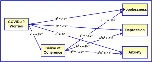 Figure 1. Illustration of the mediating role of Sense of Coherence.Note. c1–c3 = direct effects of predictor on dependent variables, a1 = direct effect of predictor on mediator, b1–b3 = direct effects of mediator on dependent variables, a1b1, a1b2, a1b3 mediating effects. All regression coefficients are standardized.**p < .01, ***p < .001, ‡95% CI.
