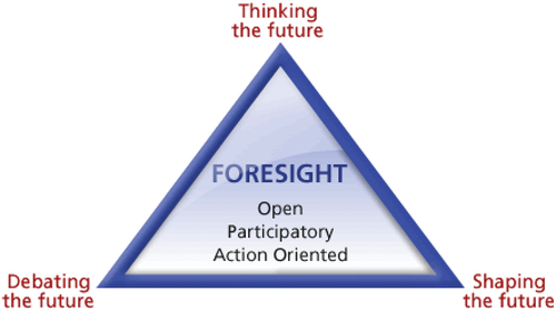 Figure 2. Foresight is a systematic, participatory, future-intelligence-gathering and medium-to-long-term vision-building process aimed at enabling present-day decisions and mobilizing joint actions. It can be envisaged as a triangle combining “Thinking the Future,” “Debating the Future” and “Shaping the Future.” Source JRC-IPTS © European Foresight Platform.