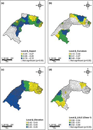 Figure 6. Voronoi map of the spatial distribution of MGWR local coefficients: (a) aspect, (b) curvature, (c) elevation, (d) LULC (class 1 – artificial area).
