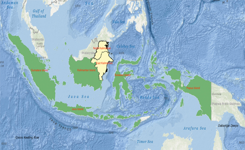 Figure 1. Map of Indonesia (green and yellow): the black boundary lines indicate East Kalimantan and North Kalimantan (study site).