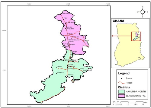 Figure 2. Map of Ghana with Yendi and Nanumba North (Bimbilla) Municipals in context.Source: (Ghana Survey Department, 2020).