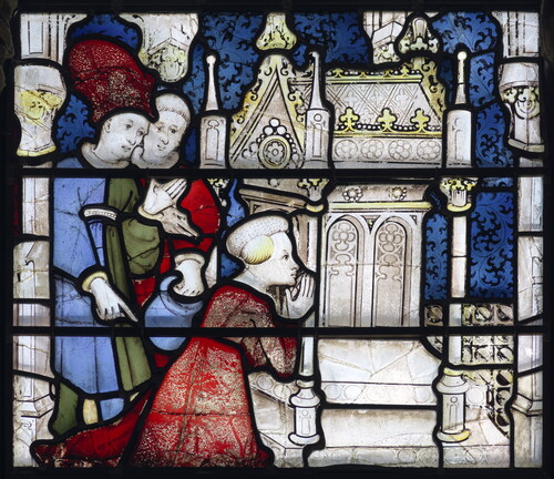 Fig. 17. York Minster, the St William window (nVII), panel 24e. The lady offers thanks at the shrine of St William in York MinsterThe York Glaziers Trust, reproduced courtesy of the Chapter of York