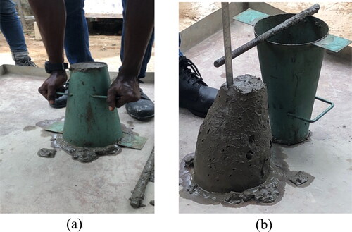 Figure 4. The slump test. (a) The cone was used for the test. (b) The slump was produced from a cone with a rod and measuring ruler measuring the slump in millimetres.