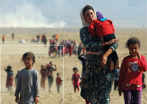 Picture 4. Source: FastMedia. Original image caption: 16 June, 2016 displaced people from the minority Yazidi sect, fleeing violence from forces loyal to the Islamic State in Sinjar town, walk toward the Syrian border on the outskirts of Sinjar mountain near the Syrian border town of Elierbeh of Al-Hasakah Governorate in this August 11, 2014.9 published in edited version (see image within white frame) in avvenire – self-described as a “Catholic-inspired” publication article title: the emergency. Caritas: “trafficking in human beings alongside covid, violence and exploitation”.