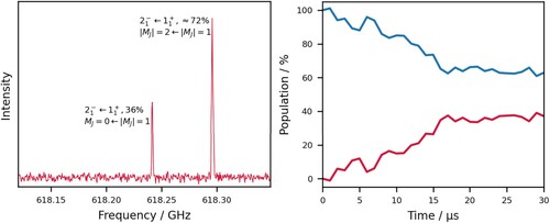 Figure 8. Left: Experimental Stark shifted THz spectrum of the 21−←11+ rotational transition in 14ND3 in an electric field of 1.2kV/cm, subsequent to a microwave pulse transferring 93% of the original 11− population into the 11+ level (as shown in the right panel of Figure 5). Peaks are labelled with the MJ quantum numbers, and the transfer efficiencies of the chirp are given for each peak (estimates flagged with ‘≈’). THz chirps of 30μs duration covering 1.44MHz were used. Right: measured depletion in 11+ population (blue) and corresponding derived gain in 21− population (red) throughout the THz chirp from 618,242.62MHz to 618,241.18MHz.