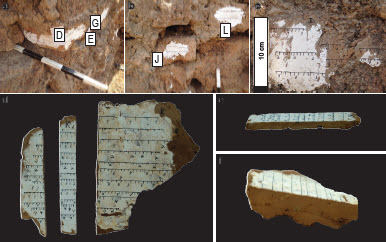 Fig. 9: Representative examples of sampling and sample preparation; a) Samples D, E and G; note that D and E were sampled from two sides of the same brick; b) Samples J and L; c) closeup of Sample I; d–f ) Sample K after it was initially cut in the lab for archaeomagnetic direction experiments (d–f at 1:4 scale)