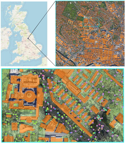 Figure 19. Overview of the Leeds Dataset. Top left) the location of the Leeds dataset in the UK. Top right) the studied area in Leeds city centre. A detailed view of the landmarks/place cells in the area outlined in blue is given in the bottom figure. Bottom) A zoomed view of the exemplar area divided by visibility boundary lines and lines connecting each visible landmark pair.