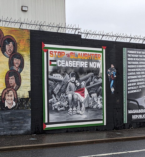 Figure 5. Image of mural of “ceasefire now.”Source: Photo taken by Brendan Ciarán Browne, 2023.
