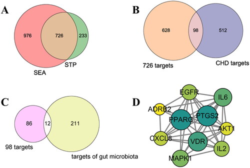 Figure 2. (A) The number of overlapping 726 targets between SEA and STP database. (B) The number of overlapping 98 targets between the 726 targets and CHD-related targets. (C) The number of the final overlapping 12 targets between the 98 targets and targets of gut microbiota. (D) The PPI network (10 nodes and 38 edges).