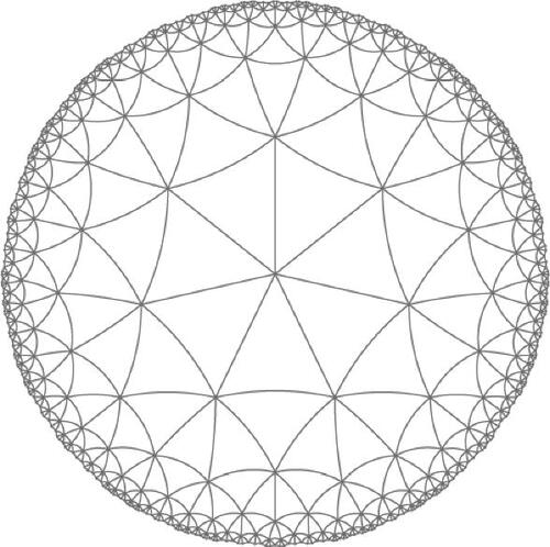 Fig. 5 A tiling of the hyperbolic plane by equilateral triangles, with 7 triangles at every vertex.