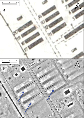 Figure 14. A fragment of the plan of the camp from 1943 with barracks (the blue arrow) (a) the state of their documentation on airborne laser scanning derivatives (b) (prepared by A. Lokś; source: Head office of geodesy and cartography, Poland).